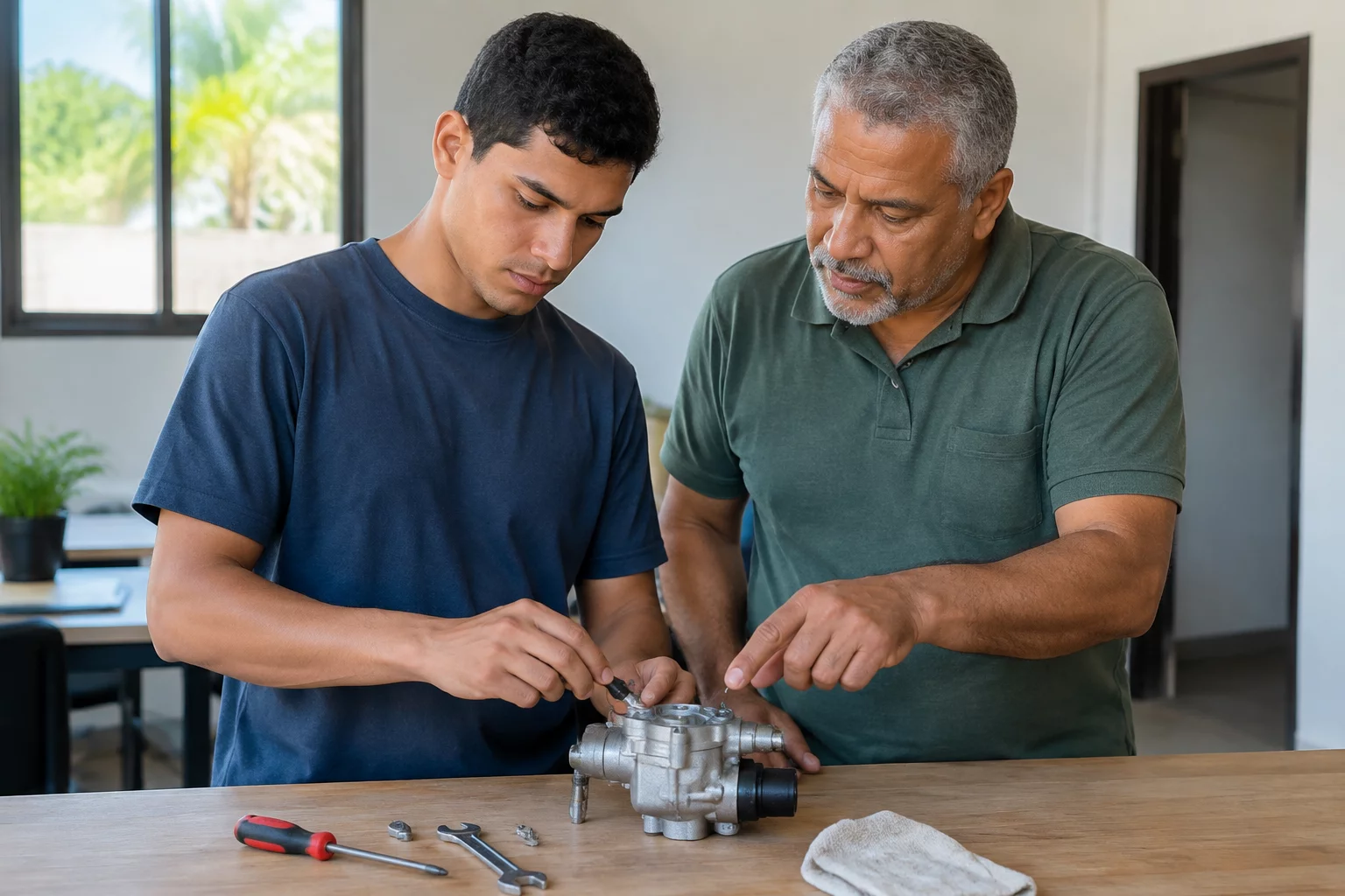 Pessoa jovem e pessoa mais velha lado a lado diante de um balcão de trabalho