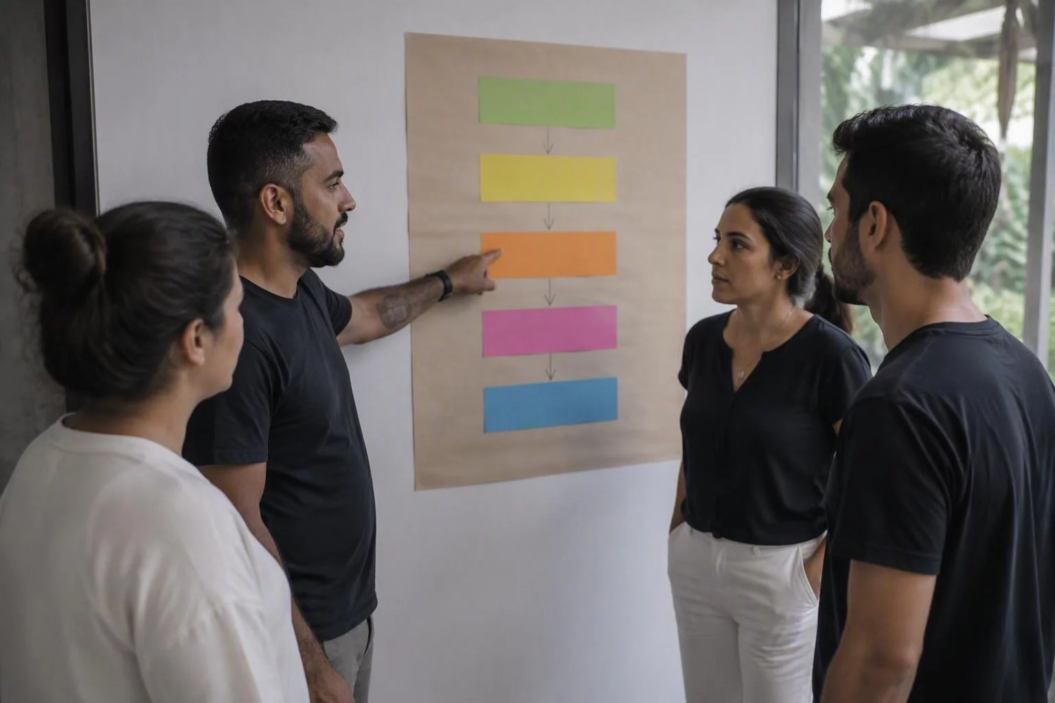 Grupo pequeno reunido em pé diante de um mural com etapas escritas